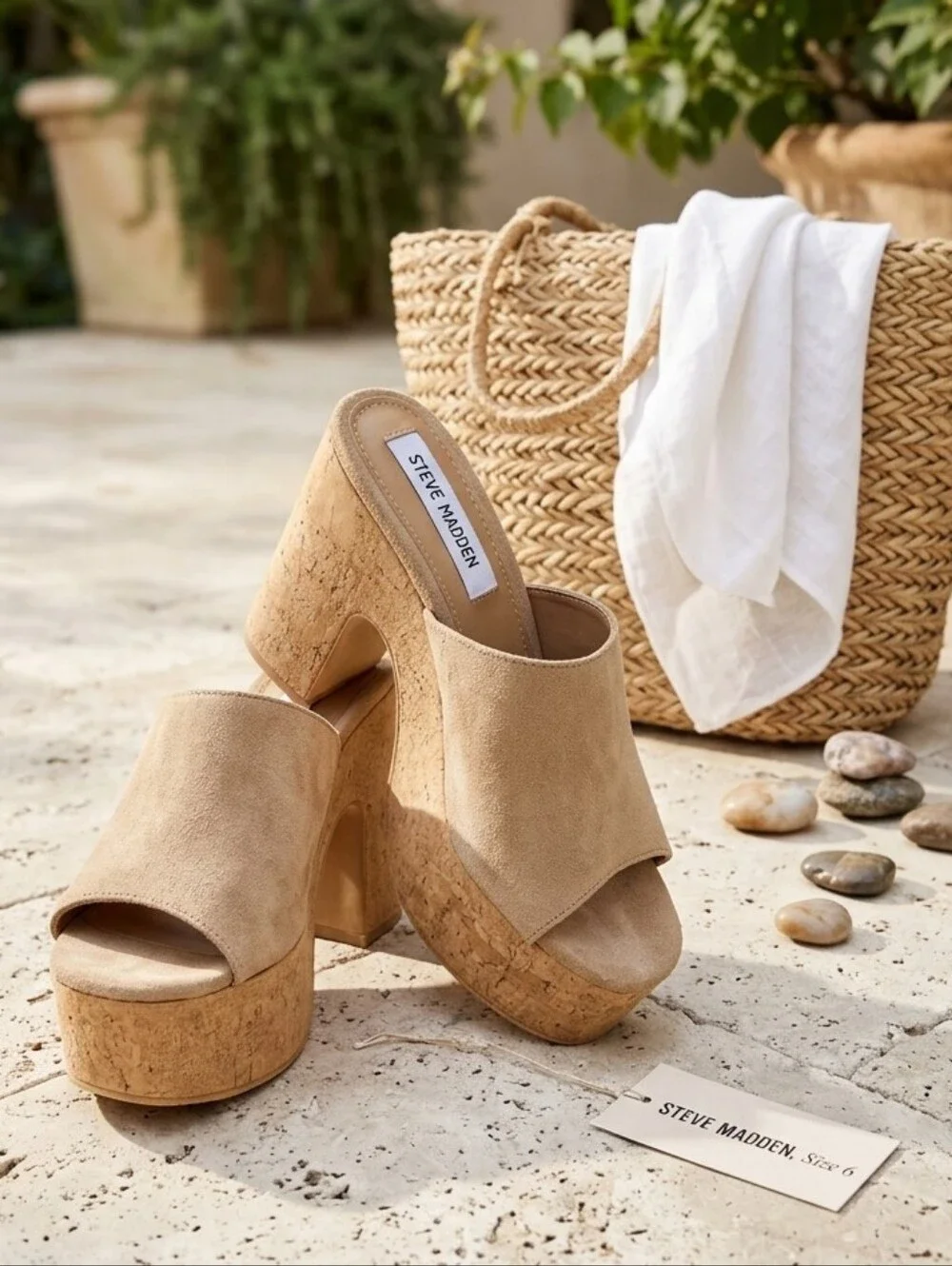 Steve Madden Mardi Tan Suede Cork Platform Mules - Size 6